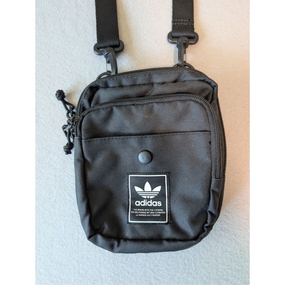 Women's Black Adidas Sporty Logo Stripe Crossbody Mini Bag Purse Hiking Gym